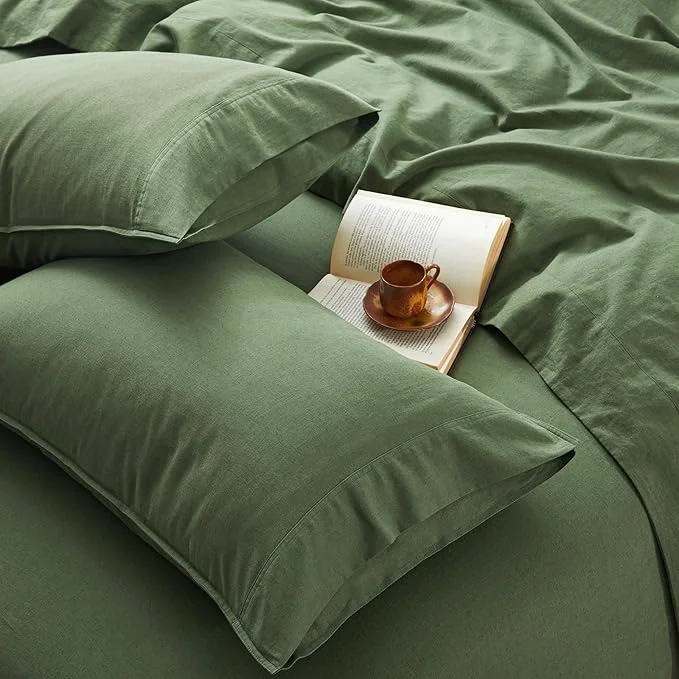 Pure 3Pcs Organic Linen Sheets Twin Size French Linen from Normandy Breathable Forest Green Bed Sheets Twin Sheet Set with 16 Inch Deep Pocket 1 Flat Sheet 1 Fitted Sheet 1 Pillowcases Luxury