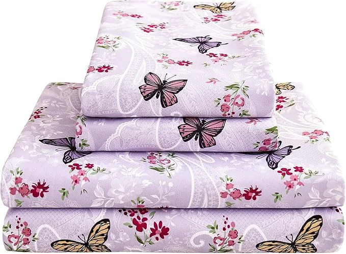 Artisan Paisley Floral Bed Sheets Queen Set Purple Flower Printed Sheets for Queen Size Bed Microfiber Fitted Sheet with 15 quot Deep Pocket and Corner Straps Butterfly Patterned Sheet amp Pillowcase Sets Smart