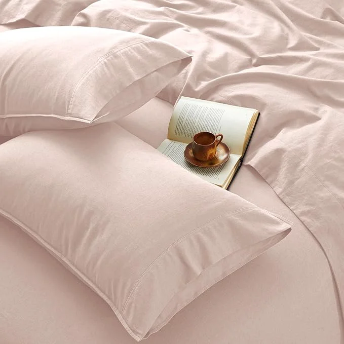 Long-Lasting 4Pcs Organic Linen Sheets Queen Size French Linen from Normandy Breathable Pink Queen Sheet Set with 16 Inch Deep Pocket 1 Flat Sheet 1 Fitted Sheet 2 Pillowcases Consistent