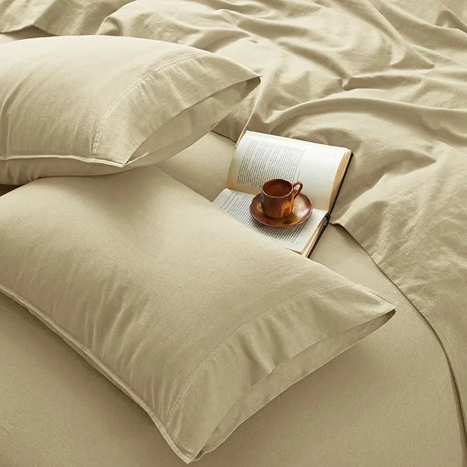 Powerful 4Pcs Organic Linen Sheets Full Size French Linen from Normandy Breathable Linen Yellow Full Sheet Set with 16 Inch Deep Pocket 1 Flat Sheet 1 Fitted Sheet 2 Pillowcases Quality