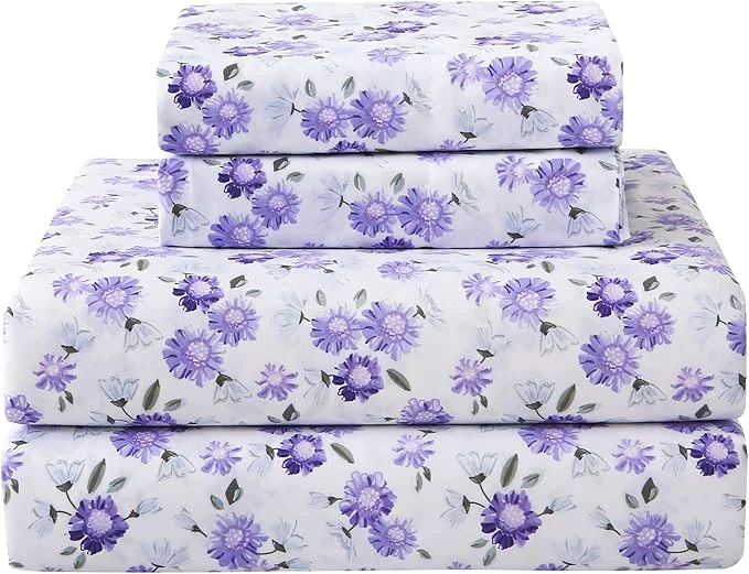 User-Friendly Softan Puple Floral Twin Sheet Set 3-Piece Microfiber Printed Fitted Sheet with 15 quot Deep Pockets amp Non-Slip Straps White Flower Patterned Single Bedding Sheets amp Pillowcase Set Refined