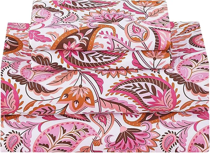 Traditional Softan Pink Paisley Floral Full Sheet Set Cozy Boho Microfiber Printed Fitted Bed Sheet with 15 quot Deep Pockets amp Non-Slip Straps Girls Patterned Double Sheets amp Pillowcase Set Selected