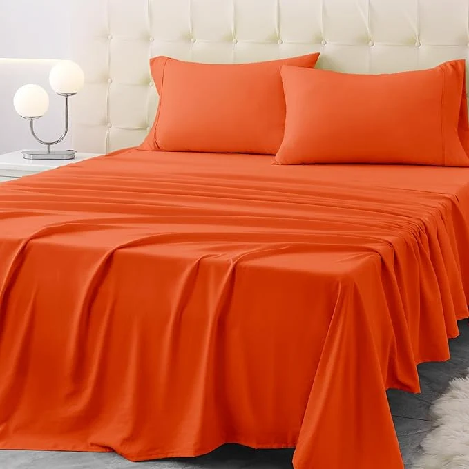 Flexible California King Size Bed Sheet Set - 4 Piece Soft Microfiber Sheets with Deep Pockets Cooling Technology and Wrinkle- Pillowcase. Hotel-Quality Durable Bedding Bright Orange Outstanding