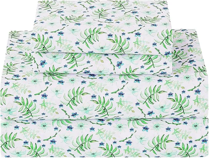 Refined Softan Green Floral Twin Sheet Set 3-Piece Cozy Botanical Microfiber Printed Fitted Bed Sheet with 15 quot Deep Pockets amp Non-Slip Straps Fresh Greenery Blooms Patterned Sheets amp Pillowcase Set Sustainable