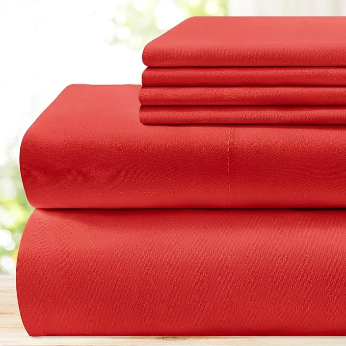 Refined BYSURE 6 Pieces Bed Sheets Set King Cherry Red - Hotel Luxury Super Soft 1800 Thread Count Microfiber Sheets with Deep Pockets Wrinkle amp Fade Resistant Official