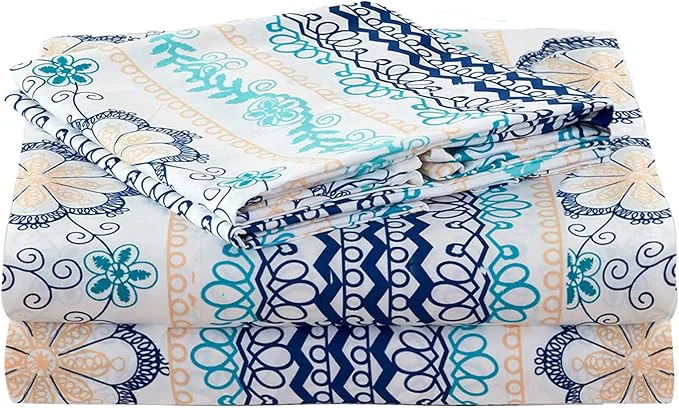 Fast JSD Blue Boho Printed Sheet Set Queen Size 4 Piece Soft Floral Microfiber Sheets Extra Deep Pocket Organic