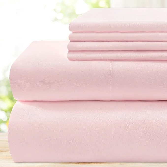 Enhanced BYSURE 6 Pieces Bed Sheets Set Queen Light Pink - Super Soft 1800 Thread Count Microfiber Sheets with Deep Pockets Wrinkle amp Fade Resistant Proven