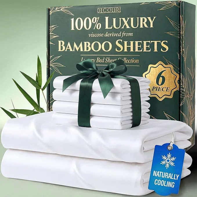 Dependable DECOLURE Viscose Derived from Bamboo Sheets Full Size - Luxury 6 Pc Naturally Cooling Sheets Ultra Soft Bed Set - Deep 17 quot Pockets Durable Double Stitching Oeko Tex Standard White Elegant