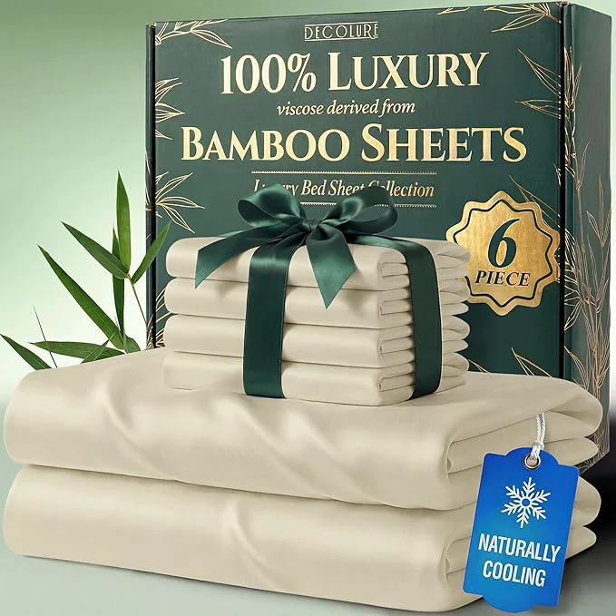 Comfortable DECOLURE Viscose Derived from Bamboo Sheets Queen Size - Luxury 6 Pc Naturally Cooling Sheets Ultra Soft Bed Set - Deep 17 quot Pockets Durable Double Stitching Oeko Tex Standard Creme Solid