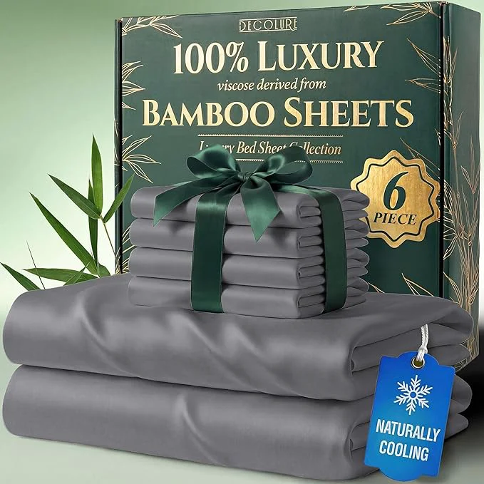Stylish DECOLURE Viscose Derived from Bamboo Sheets Queen Size - Luxury 6 Pc Naturally Cooling Sheets Ultra Soft Bed Set - Deep 17 quot Pockets Durable Double Stitching Oeko Tex Standard Midgrey