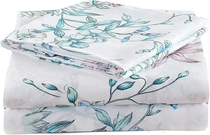 Soft JSD White Blue Floral Printed Sheet Set Queen Size 4 Piece Botanical Microfiber Sheets Extra Deep Pocket Modern
