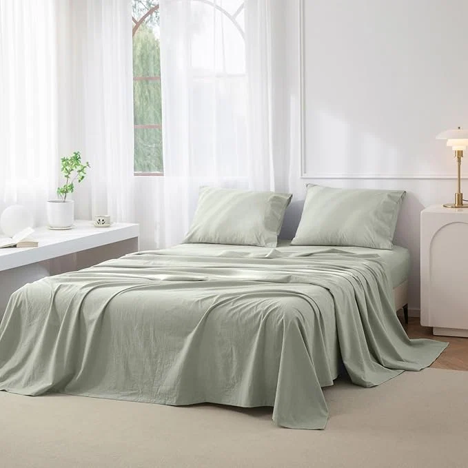 Smooth JIYUAN Full Size Sheet Set 4-Piece - Washed Cotton Linen-Like Soft amp Breathable Includes Deep Pocket Fitted amp Flat Sheet with 2 Pillowcases Hotel Quality Heathered Sage Green Refined