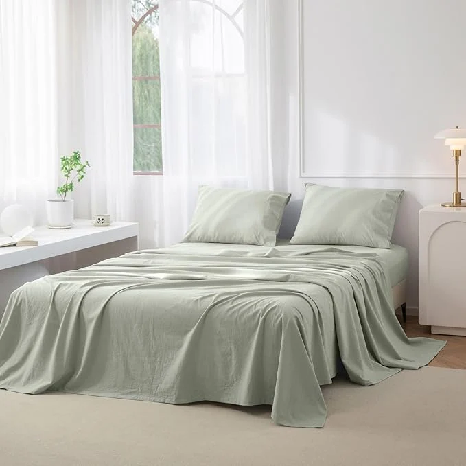 Stylish JIYUAN Queen Size Sheet Set 4-Piece - Washed Cotton Linen-Like Soft amp Breathable Includes Deep Pocket Fitted amp Flat Sheet with 2 Pillowcases Hotel Quality Heathered Sage Green Exclusive