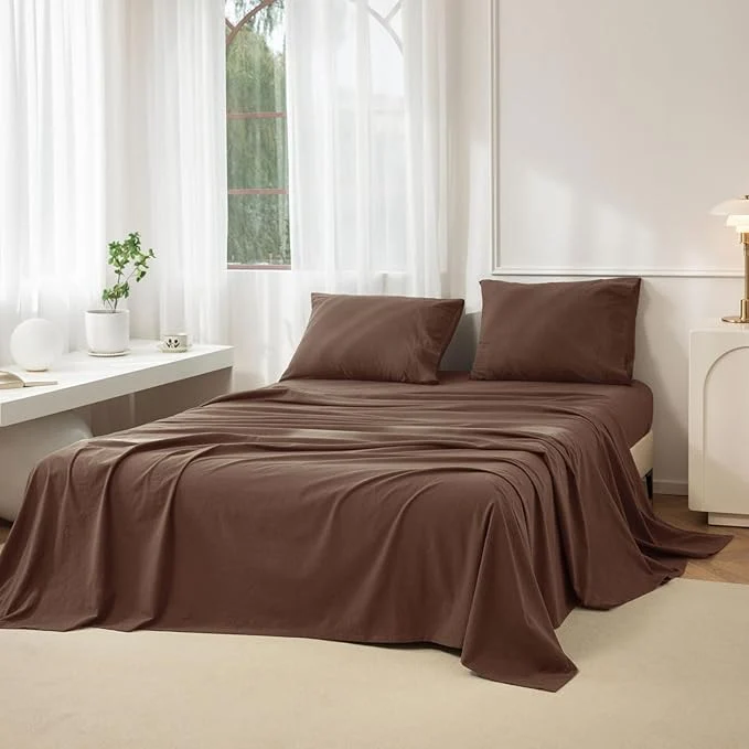 Fine JIYUAN Twin Size Sheet Set 3-Piece - Washed Cotton Linen-Like Soft amp Breathable Includes Deep Pocket Fitted amp Flat Sheet with 1 Pillowcases Hotel Quality Solid Chocolate Brown Enhanced