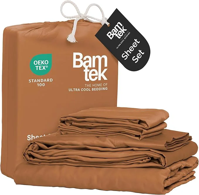 Contemporary Viscose Bamboo Sheets - Cal King Sheet Set 4PC - Cooling Sheets for Hot Sleepers with Moisture Wicking Technology - Silky Soft 18 Inch Deep Pocket - Almond 72 quot x84 quot Clean