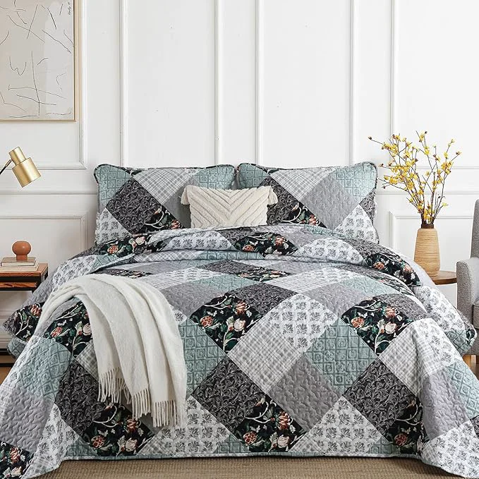 Stylish Xruibed Floral Plaid Patchwork Quilt Set King Size 3 Pieces Blue Gray Bedspread Crafted