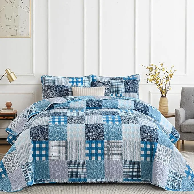 High-Grade Xruibed Blue Quilt Set King Size 3 Pieces Plaid Floral Boho Bedspread Coverlet Breathable