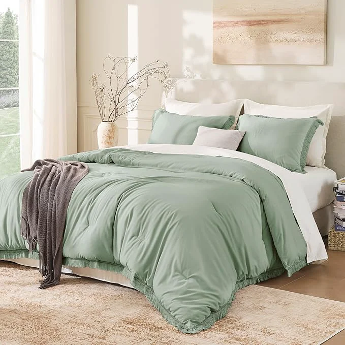 Luxury Andency Queen Comforter Set Sage Green 3 Pieces Boho Tassel Lightweight