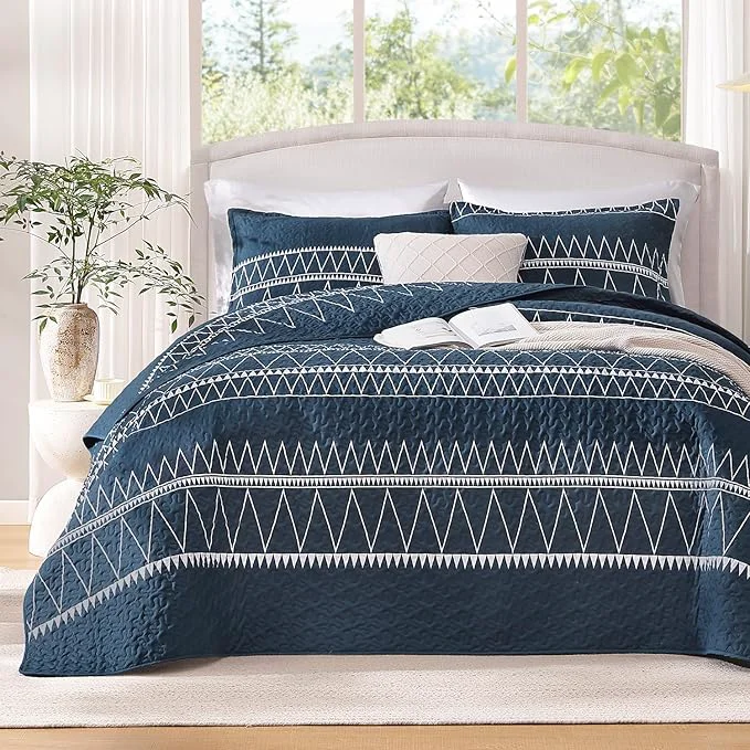 Detailed Andency Navy Oversized King Quilt Set 3 Pieces Boho Lightweight Soft Striped Professional