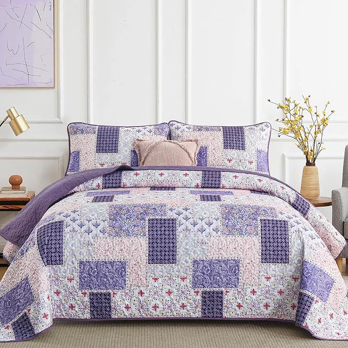 Exceptional Xruibed Patchwork Quilt Set King Size 3 Pieces Plaid Floral Bedspread Coverlet Quality