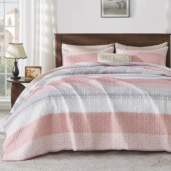 Lightweight Andency Pink Quilt Cal King 3 Pieces Patchwork Striped Bedspread Coverlet Set Secure