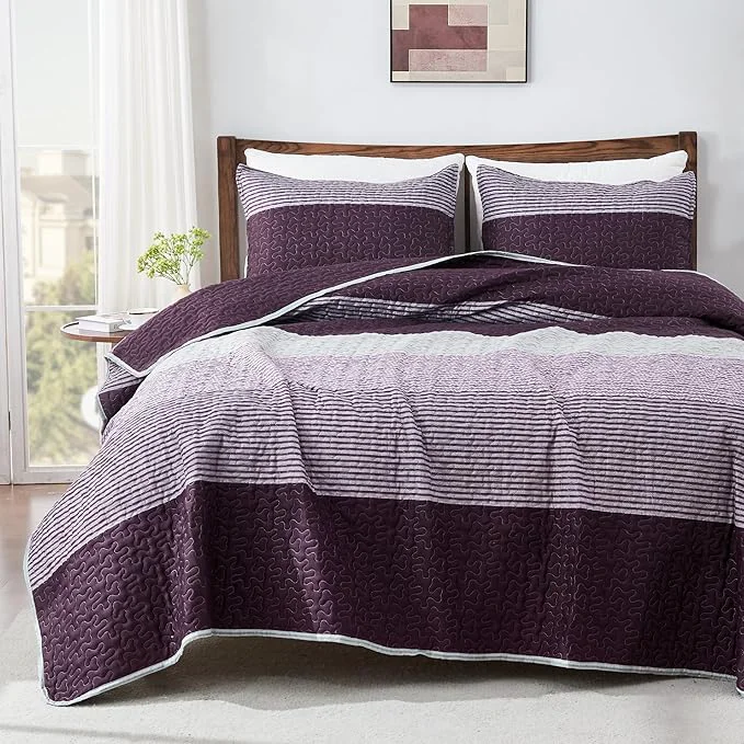 Next-Generation Andency Stripe Quilt Set Queen 3 Pieces Purple and Grey Patchwork Bedspread Premium
