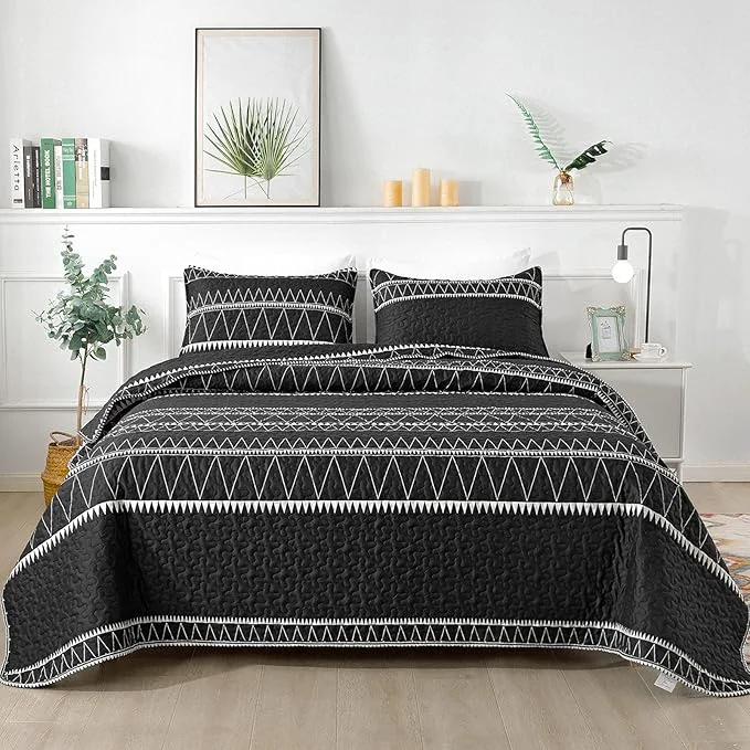 Healthy Andency Black King Size Quilt Set 3 Pieces Boho Lightweight Soft Striped Verified