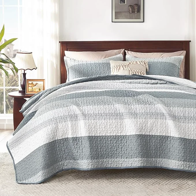 Enhanced Andency Grey Striped Quilt Queen 3 Pieces Patchwork Bedspread Coverlet Set Genuine