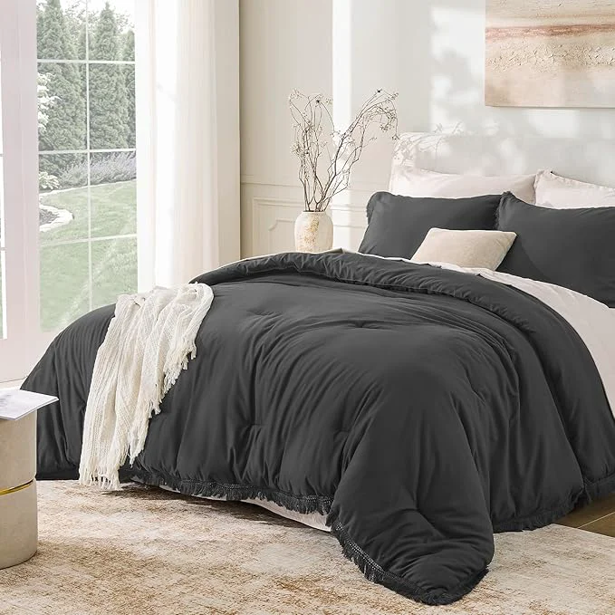 High-End Andency Full Size Comforter Set Dark Grey 3 Pieces Boho Lightweight Bedding Functional