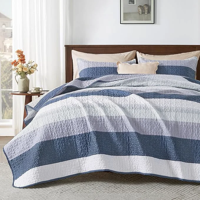 Classic Andency Queen Quilt Bedding Set Mineral Blue 3 Pieces Patchwork Summer Striped Organic