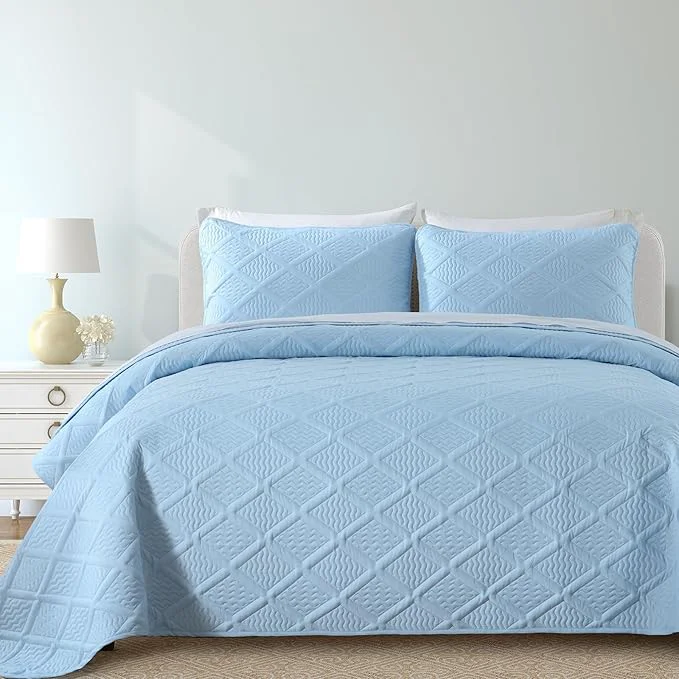 Detailed Yiran Ash Blue Quilt Set Queen Size 3 Piece Reversible Bedspreads Bedding Set Soft