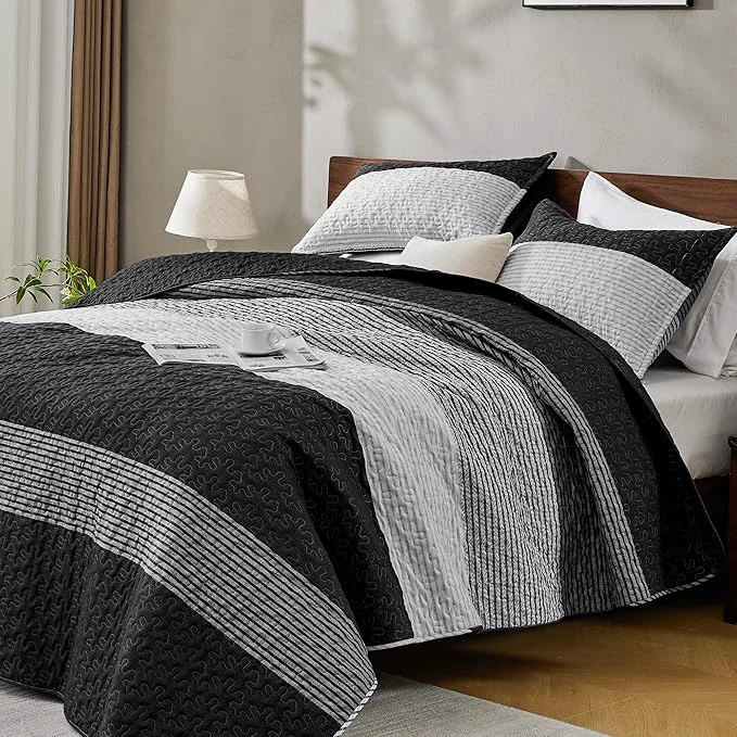 Classic Andency Oversized King Quilt Set Black White 120x120 Stripe Super King Powerful