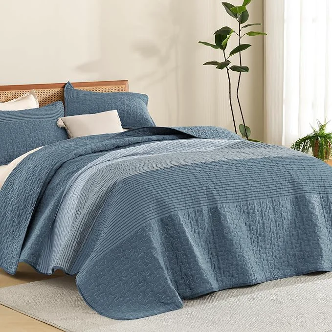 Practical Litanika Oversized King Quilt Set Blue Linen 120x120 Stripe Bedspread Coverlet Exclusive