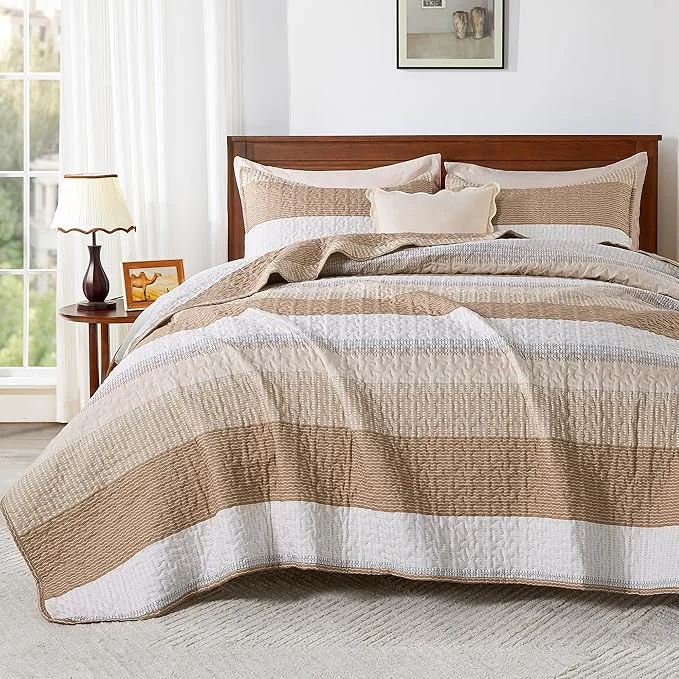 Efficient Andency Taupe Striped Quilt Queen 3 Pieces Patchwork Bedspread Coverlet Set Official
