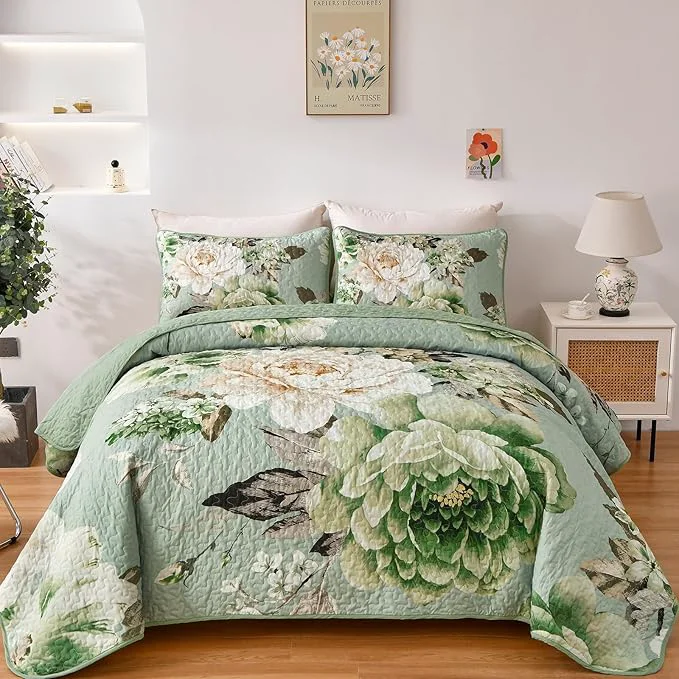 Effective WONGS BEDDING Floral Quilt Set Queen Sage Green 3 Pieces Elegant Flower Luxury