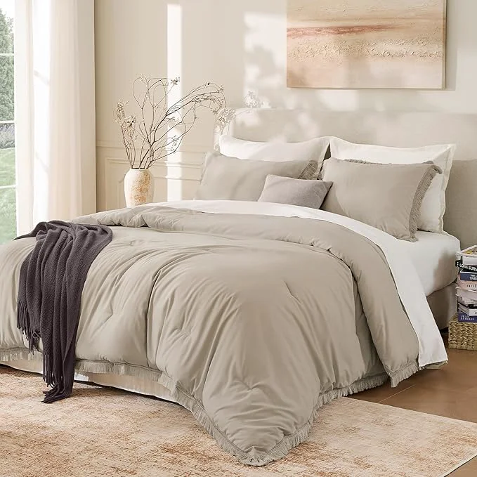 Soft Andency Oatmeal Comforter Set King Size 3 Pieces Boho Tassel Lightweight Trusted