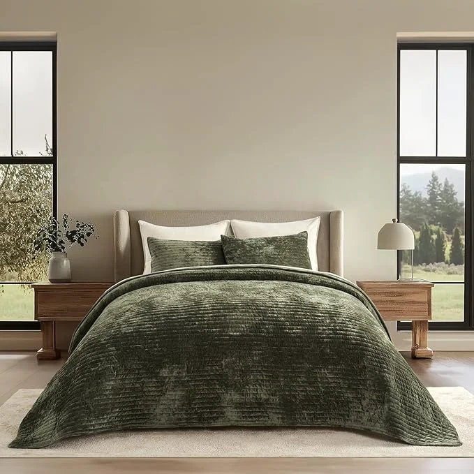 Organic EVERGRACE Velvet Quilt Set King Size Luxurious Soft Striped Channel Bedding Set World-Class