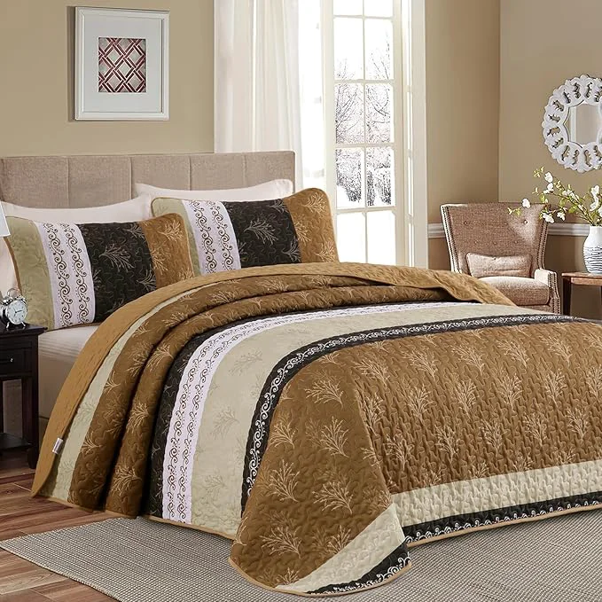 Genuine DJY Brown Quilt Set King Size Striped Bedspread Coverlet Set 3 Pieces Boho Green
