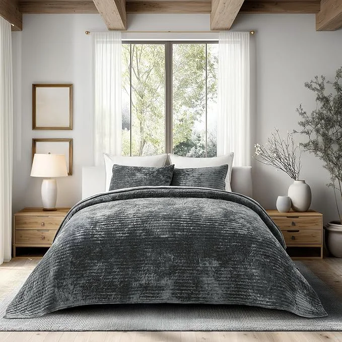 Convenient EVERGRACE Velvet Quilt Set California King 118'' x 106'' Luxurious Soft Elite