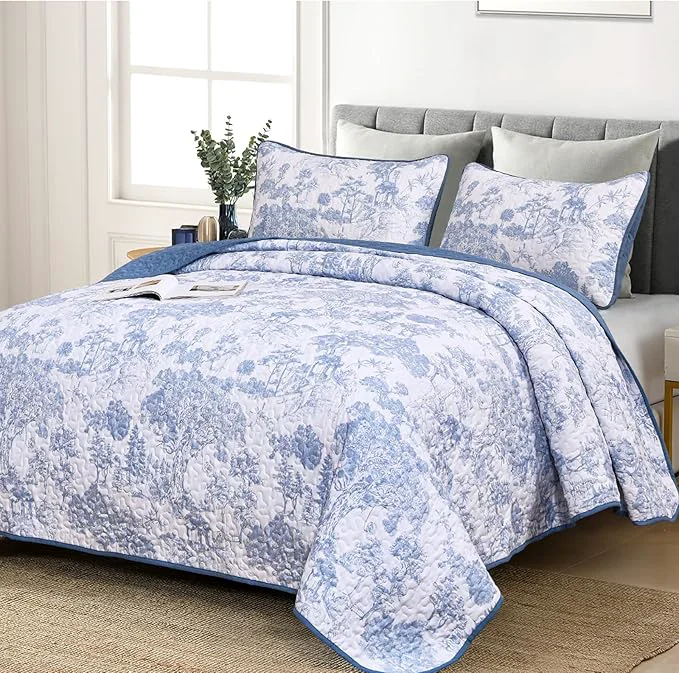 Trusted WONGS BEDDING Blue Quilt Set Twin Size 2 Pieces Botanical Bedspreads Set Carefully Designed