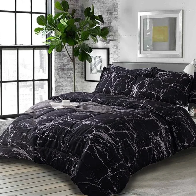 Functional Nanko King Comforter Set Dark Black Marble Print 104 x 90 inch Reversible Down Certified