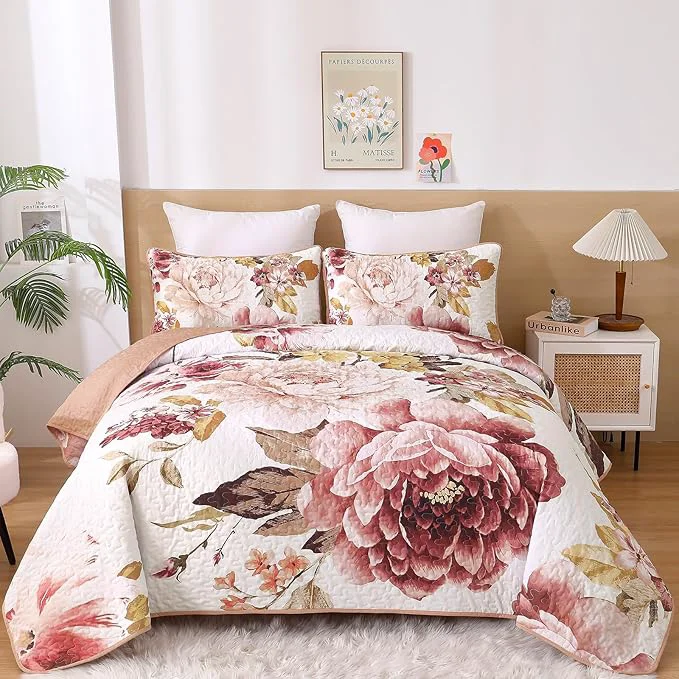 Crafted WONGS BEDDING Blush Floral Quilt Set Queen Elegant Flower Bedspread Coverlet Recyclable