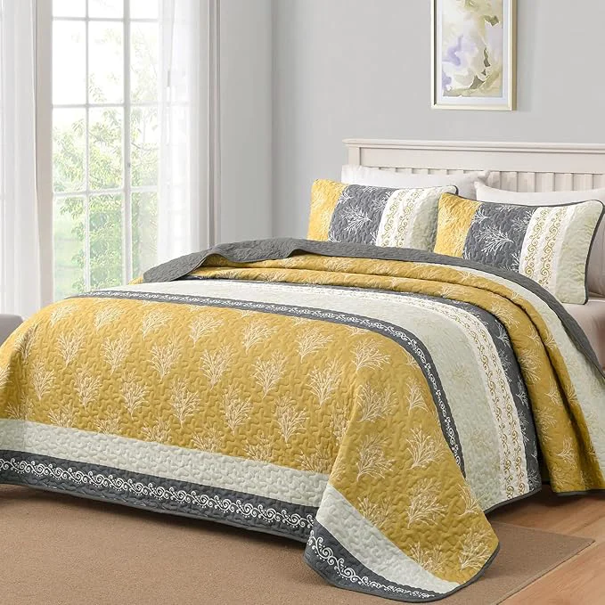 High-Performance DJY Yellow Boho Quilt Set Queen Size Striped Floral Yellow and Grey Bedspread Verified