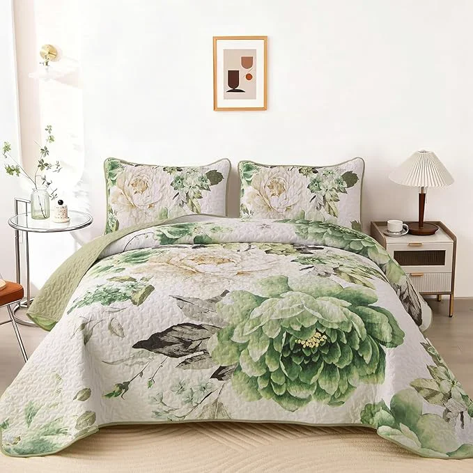 Organic WONGS BEDDING Green Floral Quilt Set King 3 Pieces Reversible Lightweight Trendy