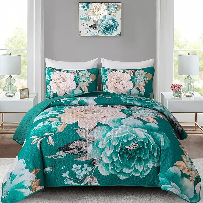 Excellent WONGS BEDDING Teal Boho Floral Quilt Set Queen Elegant Flower Bedspread Relaxed