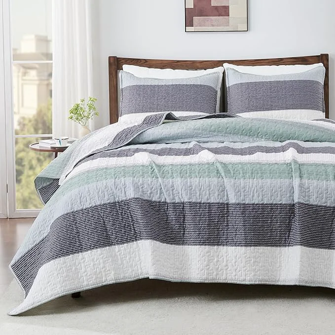 Breathable Andency Oversized King Quilt Set Sage Green 128x120 Stripe Bedspread Coverlet Advanced