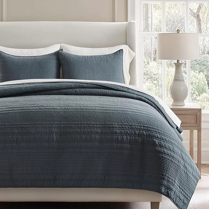 Prestigious EVERGRACEHOME Cotton Modern Lines Quilt Set King Size Pre-Washed Soft Green