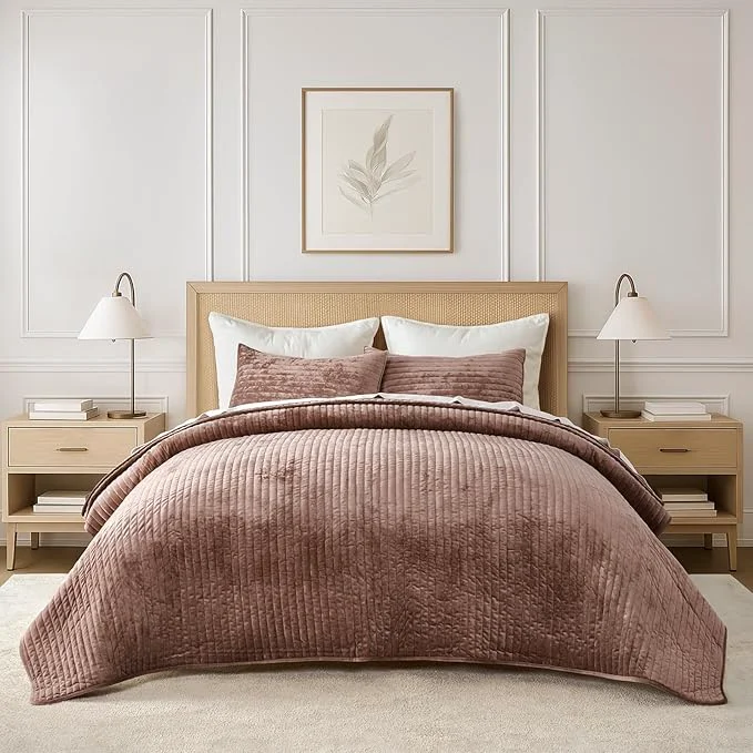 Innovative EVERGRACE Velvet Quilt Set Full Queen Size Luxurious Soft Striped Channel Lightweight