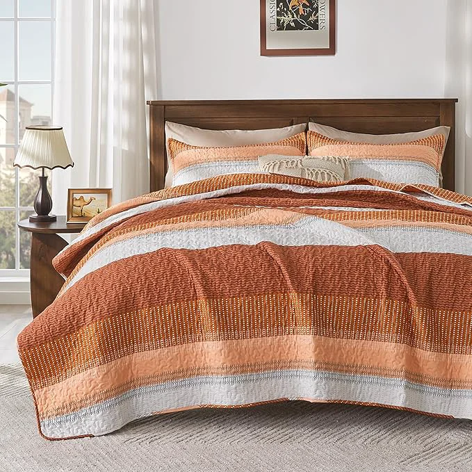 Official Andency Orange Quilt Queen 3 Pieces Patchwork Striped Bedspread Coverlet Set Fast
