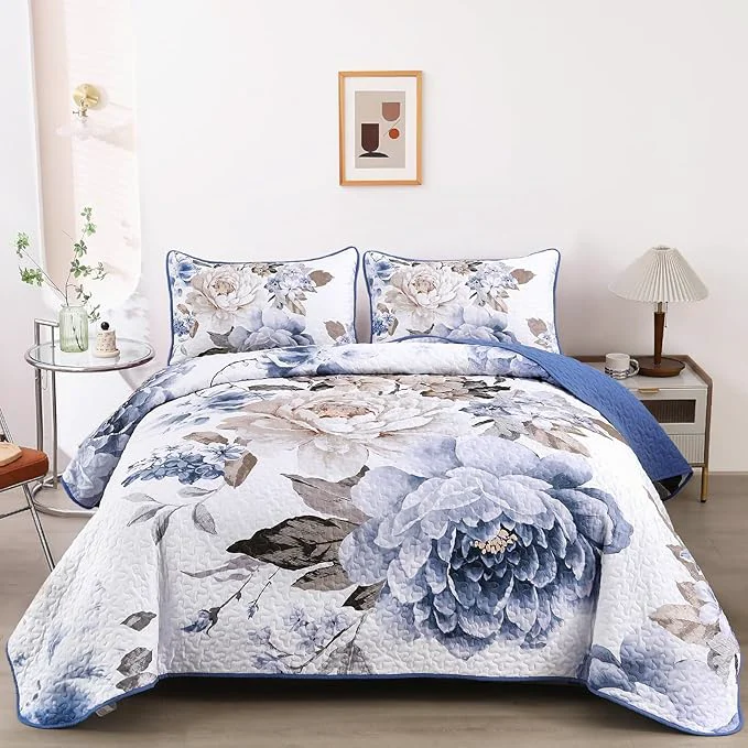 Elite WONGS BEDDING Floral Quilt Set Blue California King Size 3 Pieces Elegant Durable